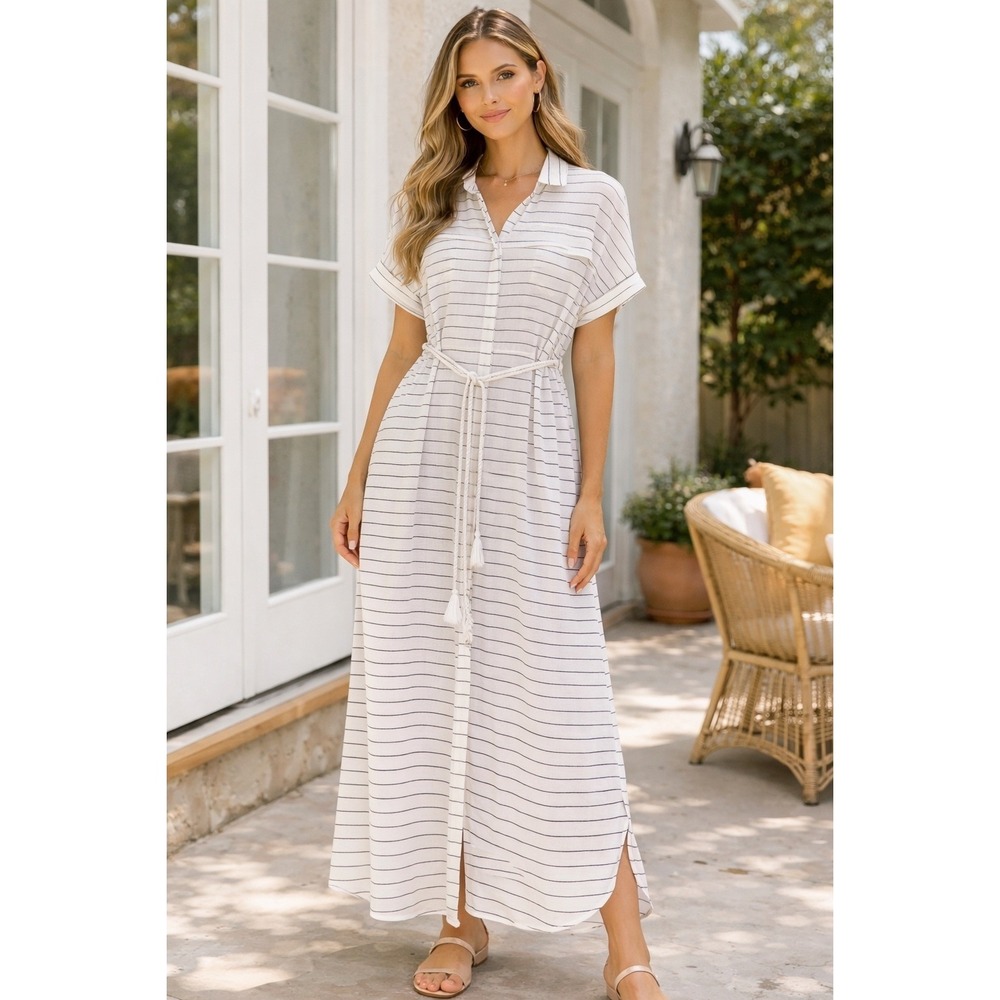 Ecru Lab White Striped Maxi Shirt Dress Short Sleeve Rope Belt Size S